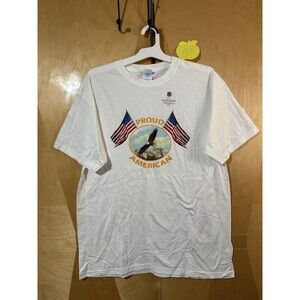 Vintage Proud American Mens Tshirt L Large White M&O KnitsBald Eagle Flag